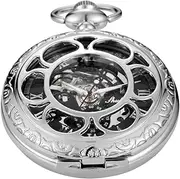 [Whodoit] Bronze Men's Antique Mechanical Pocket Watch, Skeleton Mechanical Roman Numerals Pocket Watch with Chain + Box