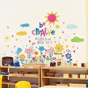 FUFUQUARE Inspirational Quote Wall Stickers Be Creative It Lights Up Your Soul Colorful Cartoon Hand-Drawn Sun Clouds Flowers Wall Decals for Classroom Kids Room Bedroom