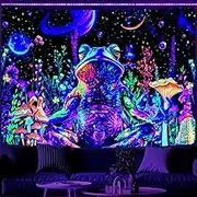 Invoibler Blacklight Frog Mushroom Tapestry - UV Reactive Floral Plants Galaxy Space Planet Home Decor - Large Aesthetic Wall Hanging for Bedroom (51.2 x 59.1 inches)