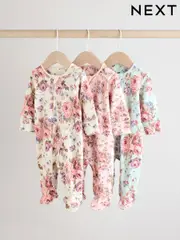 Pink/Green Floral 100% Cotton Popper Baby Sleepsuits 3 Pack (AW5318) | $42 - $44