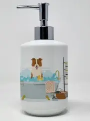 Red White Border Collie in Bathtub Ceramic Soap Dispenser Hand Soap Dispenser