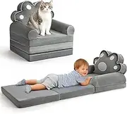 Kids Sofa Comfy, Adorable Animal Toddler Chair, Foldable Kids Couch with Removable Washable Cover, Soft & Breathable Fabric, No Assembly Needed, Foldable Baby Sofa(Grey Cat Paw)