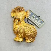 R. Mandle Dog Brooch Pin Skye Terrier Sheepdog Briard NWT Gold Tone Chain Tassel