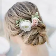 [Fangsen] Silver Boho White Pink Rose Floral Hair Piece Wedding Flower Hair Comb Bridal Floral Hair Headpiece Barrette Prom Girl Festival