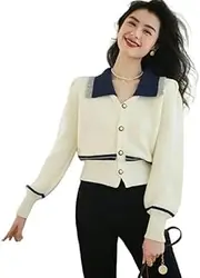 XUGYAO Cardigan Women Autumn Office Lady All-Match Polo-Neck Cardigan Long Sleeve Knitwear Ladies Simplicity Appear Thin Knitting Coat White