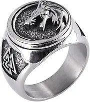 RIUKIU Viking Wolf Head Seal Ring, Nordic Men's Vintage Wolf Head Triangle Knot Stainless Steel Ring,Silver,13