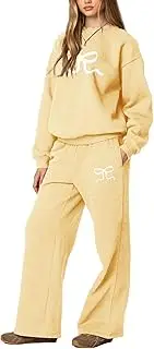 [Aonoapll] Women Bow Sweatsuit 2 Piece Outfits Oversized Bow Print Crewneck Sweatshirt Sweatpants Matching Tracksuit Set
