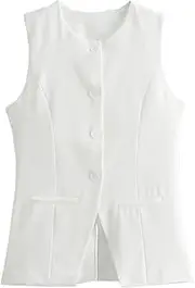 [Generic] Women's Front Button Suit Style Solid Waistcoat O Neck Sleeveless Female Outerwear Chic Vest Tops Fashion