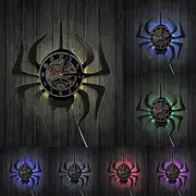 PODODO Black Widow Spider Art Wall Clock Spooky Spider Araneid Halloween Party Wall Decor Vinyl Record Clock Animals Modern Wall Art with LED