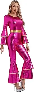 [Yhong] Women 70s One Piece Outfits Bell Sleeve Disco Jumpsuit Shiny Metallic Retro Hippie Dance Costume