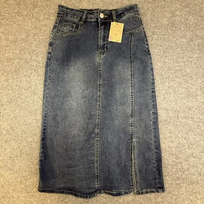 Denim Skirt Womens Small Blue Jean Midi Stretch Pockets Modest