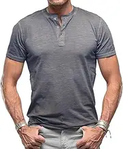[Aosufei] Men's Lightweight 3 Button Summer T-Shirts Short Sleeve Solid Worktout Tops Shirts Stylish Casual Sport Tee Shirts, Grey1, Small