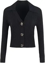 [Generic] Cardigan for Women Turn-Down Collar High Elastic Knitted Sweaters Long Sleeve Slim Fit Women's Cardigan
