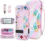 FUNDIARY Birthday Panda Carrying Case for Nintendo Switch, Pink Accessroies Bundle with Cute Portable Travel Case, Soft TPU Streak Protective Cover Skin, Screen Protector, Shoulder Strap & 2 Thumb Cap