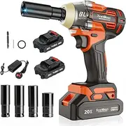 [Funnyway] Cordless Impact Wrench, 1/2" Brushless Power Impact Gun 20V 550N.m Adjustable Torque with 2X 2.0Ah Battery, 4 Sockets, Fast Charger for Car Home (2 Battery)