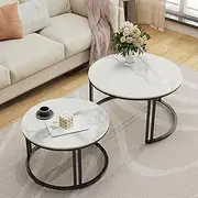 [Generic] Nesting Coffee Table Set: Round Glossy White Marble Top, Dark Gray + Black Metal Iron Frame, 70x40cm (Large) and 57x35cm (Small), Living Room, Home Office