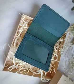 Green leather id passport holder for women Credit card holder Business card case