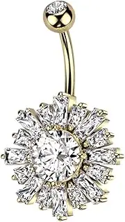 [PiercedOff] 316L Surgical Steel Belly Bar with a Large Sunburst around a Clear CZ Gem Center
