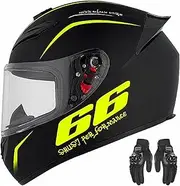 Full-Face Motorcycle Helmet with Spoiler and Motorcycle Gloves, DOT/ECE Approved, 190° Field of Vision