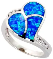 Women Sterling Silver Rhodium Plated Opal Inlay Heart Ring CZ stone Accents 17mm