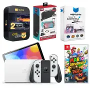 Nintendo Switch White OLED + Super Mario 3D World + Bowsers Fury + Accessory Kit