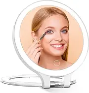 Rechargeable Magnifying Makeup Mirror 10X/1X Double Sided Lighted Travel Makeup Mirror with 3 Color Light Adjustable Rotation, LED Vanity Tabletop Portable Desk Cosmetic Foldable Mirror (No Bag)