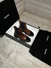 Calfskin Patent Cap Toe Quilted Short Boots 38.5 Brown Black