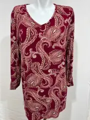 Chico's Design Women Burgundy Top Shirt Tunic Paisley V Neck 2 Large Rayon