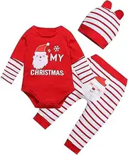 [Generic] 3 Month Newborn Baby Clothes Kids' Christmas Long Sleeve 3 Piece Set Striped Pants Detachable Romper Boy Outfit Set Bow Set Boys (Red, 6-12 Months)