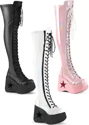 Demonia 5" Star Cutout Platform Wedge Lace-Up Thigh-High Boot, Outside Zip