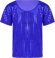 [FEESHOW] Boys Shiny Tops Dance Shirt with Sequins Sparkly Dancing Shirt Stage Performance Dancewear