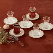 Karaca Retro Beige Tea Set for 6 People, 6 x Turkish Tea Glasses with Saucer, Cay Bardagi SETI, Turkish Tea, Glass, Cay SETI, Tea Plate, Tea
