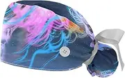 [WOSHJIUK] Working Hat 2 Pack Scrub Caps for Women,Fantasy Jellyfish sea,Tie Back Cap Adjustable Scrub Hat
