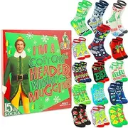 [Warner Bros Pictures] Elf the Movie 15 Days of Socks - Bundle of One Size 15 Pack of Elf Crew and Low Cut Buddy Socks Plus Bookmark | Elf Buddy Merchandise for Men, Women, Multicolor, 6-12