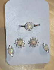 Silver Tone Faux Opal Size 9 Ring And Two Pair Pierced Earrings Set Of 5