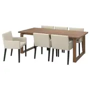 MÖRBYLÅNGA / MÅRENÄS table and 6 armchairs, oak veneer brown stained/black Gunnared beige, 220 cm