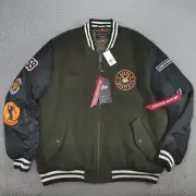 Alpha Industries Jacket Men XXL Green Wool MA-1 Varsity Bomber Flight Patch $275