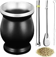 Mate Cup,Yerba Mate Gourd Cup Set, Stainless Steel Double Wall Tea Cup Set Traditional Mate Cup Includes 2 Bombillas Yerba Mate Straws (Black)