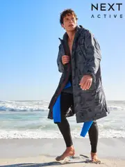 Grey Camo Print Active Swim Changing Robe Lightweight Jacket (C81816) | $200