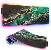 ITNRSIIET RGB Gaming Mouse Pad, Full Desk XL Extended Large Gaming Mousepad, 12 Lighting Modes, 30% Thicker, Big LED Desk Mat for Keyboard Computer Men Gamers Esport Pros, 32" x 12", Black Teal Marble