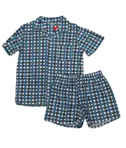 Mens Short Green Blue Checkered Cotton Blend Pyjamas Pjs Set