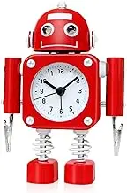 Betus Non-Ticking Robot Alarm Clock - Stainless Metal - Wake-up Clock with Flashing Eye Lights and Hand Clip (Ruby Red)