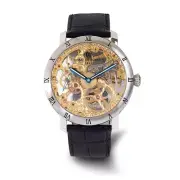 Charles Hubert 44mm Mens Black Leather Skeleton Dial Mechanical Wrist Watch