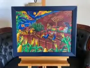 ORIGINAL Halloween Painting of HEADLESS HORSEMAN CHASING A SCARED SCARECROW