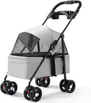 Pet Stroller for Dogs and Cats go Out,Foldable pet Trolley,4 Wheels pet pram cart with Swivel Front Wheel,Rear Wheel with Foot Brakes,Front and Back openable Canopy with mesh Window