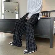 High Waist Plaid Wide Leg Pants Black - XL