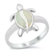 Turtle Ring Genuine Sterling Silver 925 White Lab Opal Face Height 15 mm Size 9