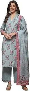 [BIBA] Steel Blue Cotton Straight Kurta Palazzo Suit Set, Blue, Medium