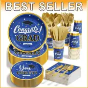 350 PCS Graduation Party Supplies: Elegant Blue & Gold Disposable Dinnerware Set