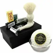 Pure White Badger Hair Shaving Brush and DE Safety Razor shaving Kit
